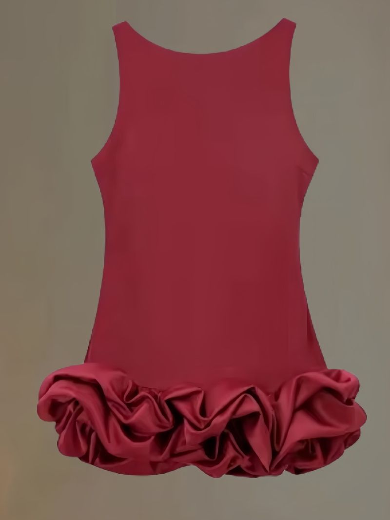Gonna corta con bretelle e scollo rotondo senza maniche, moda autunnale, senza maniche, con bordo in legno e orecchie, tinta unita, da donna_voghion.com