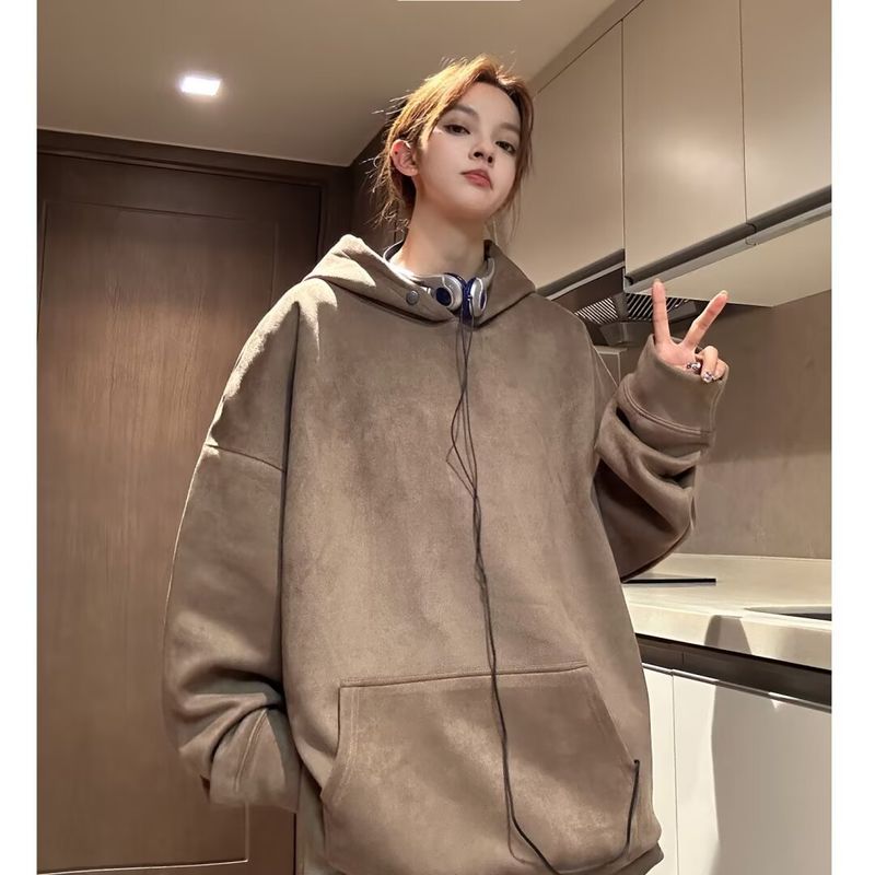Retro Heavyweight Youth Suede Hooded Sweatshirt For Autumn And Winter, Loose Solid Color Jacket_voghion.com