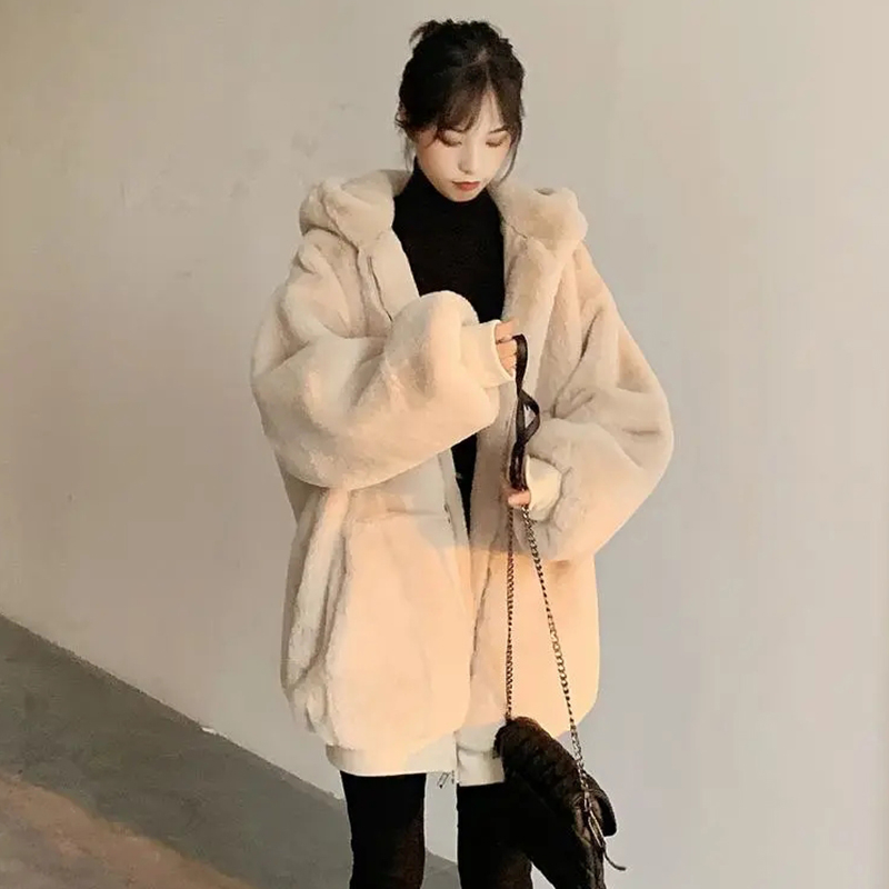 Lucyever, abrigo con capucha de piel sintética de invierno para mujer, chaqueta de piel sintética cálida informal de Color sólido, chaqueta gruesa peluda a la moda para mujer_voghion.com