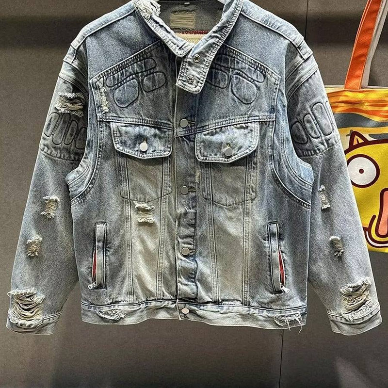Men's Clothing Slim Fit Ripped Denim Jacket Non Stretch Denim Jacket Top Lapel Jacket Retro Denim Clothes_voghion.com
