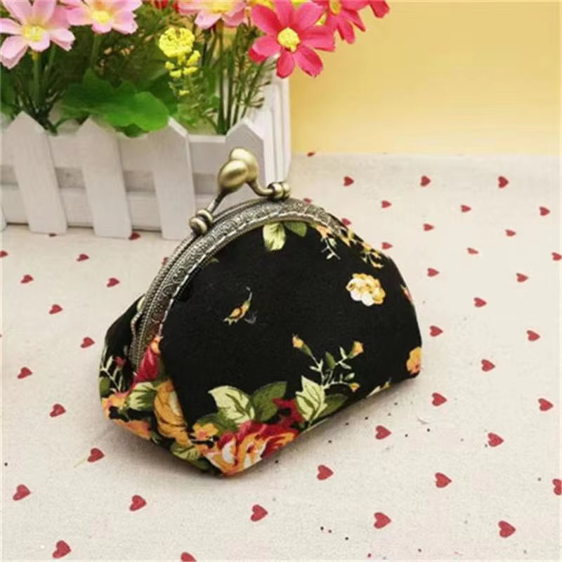 Women Canvas Fabric Big Rose Pattern Zero Coin Purse Two Metal Button Pocket Coin Pouch Key Credit Card Holde Phone Case Wallet_voghion.com