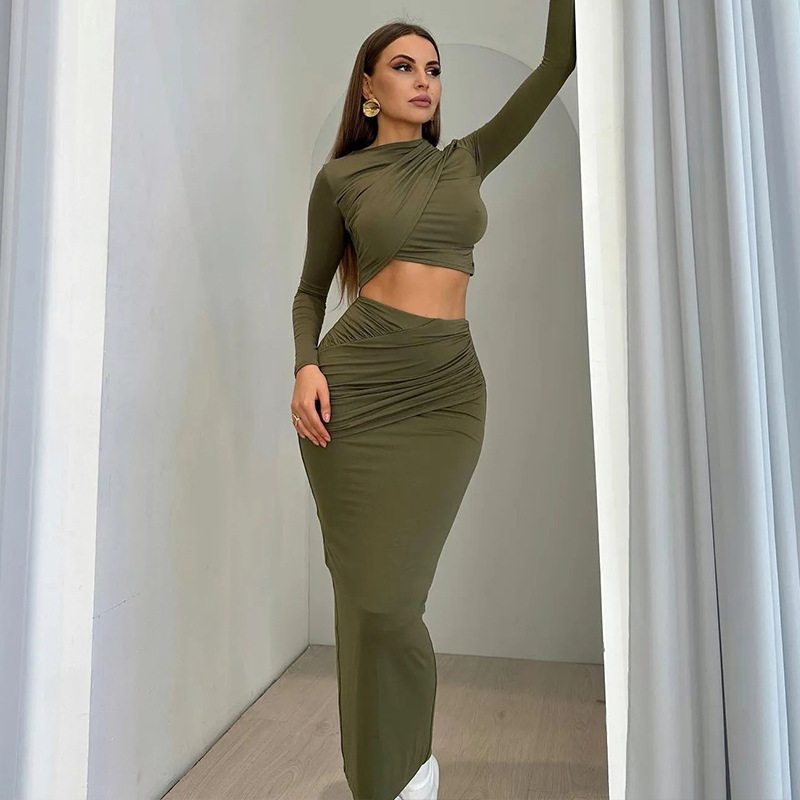 Women's Clothing Solid Color Round Neck Irregular Long Sleeve Navel Baring Top Casual Skirt Two Piece Suit Trendy Women_voghion.com