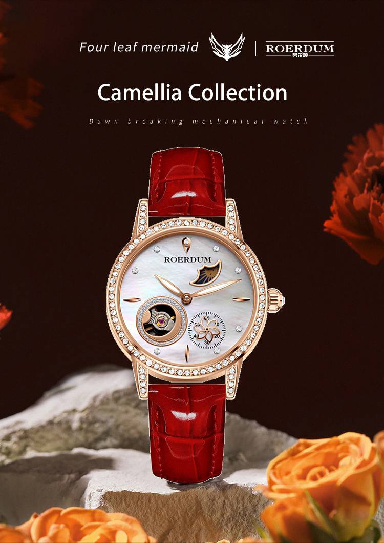 ROERDUM Camellia Collection - Mother-of-Pearl Dial Skeleton Mechanical Watch With Leather Strap, Fashionable Women's Casual Timepiece_voghion.com