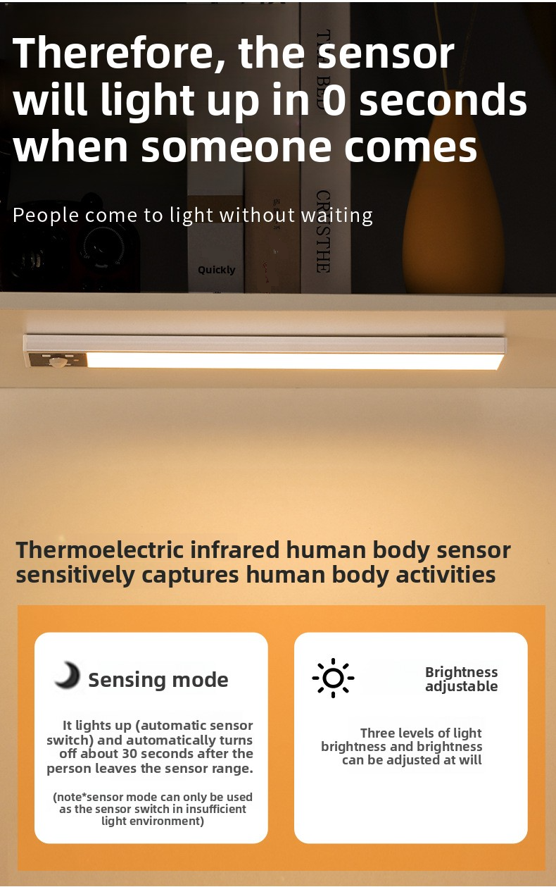 Bande lumineuse LED ultra-fine avec détecteur de mouvement – Veilleuse intelligente magnétique et adhésive pour placard, couloir et armoire (allumage/extinction automatique, intensité variable, aucun câblage nécessaire)_voghion.com