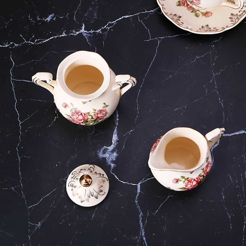 Ceramic Sugar And Creamer Set, Vintage Porlcelain Pitcher Creamer Sugar Bowl With Lid, Pink Rose Floarl Golden Leaves Edge_voghion.com