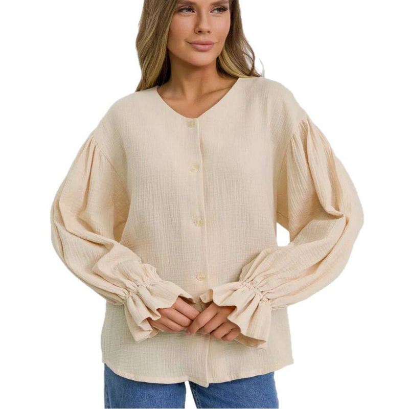 Oversized V-Neck Blouse For Women, Plus Size & Relaxed Fit Button-Down Shirt, Breathable Stretch Fabric For Work & Casual Wear In Soft_voghion.com