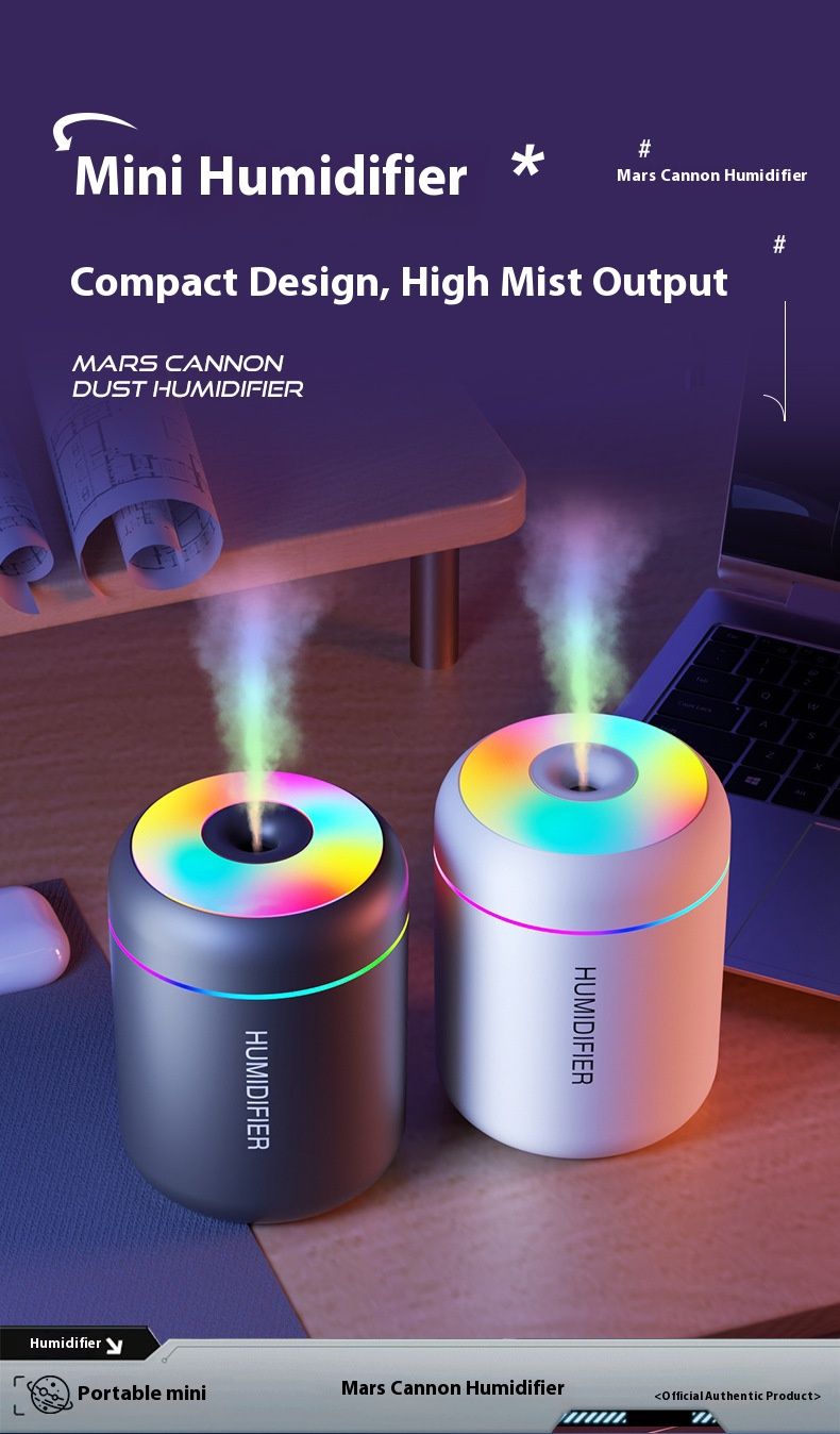 Humidificateur Mars Mini Pro – Brume froide ultrasonique USB portable pour voiture et chambre, réservoir de 500 ml, lumière d'ambiance LED 7 couleurs, 36 dB silencieux_voghion.com