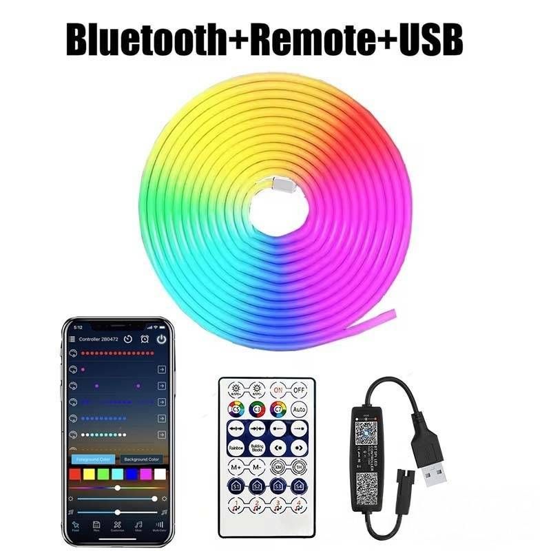Tira de luces LED de neón RGB de 5 V con control remoto Bluetooth de 28 teclas, iluminación decorativa flexible e impermeable para fondo de TV y ambiente del hogar._voghion.com