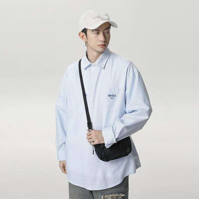 Men's Retro Stripe Long Sleeve Shirt, Contrast Color Loose Fit Casual Top With Embroidered Pocket, Spring & Summer Streetwear Shirt Jacket_voghion.com