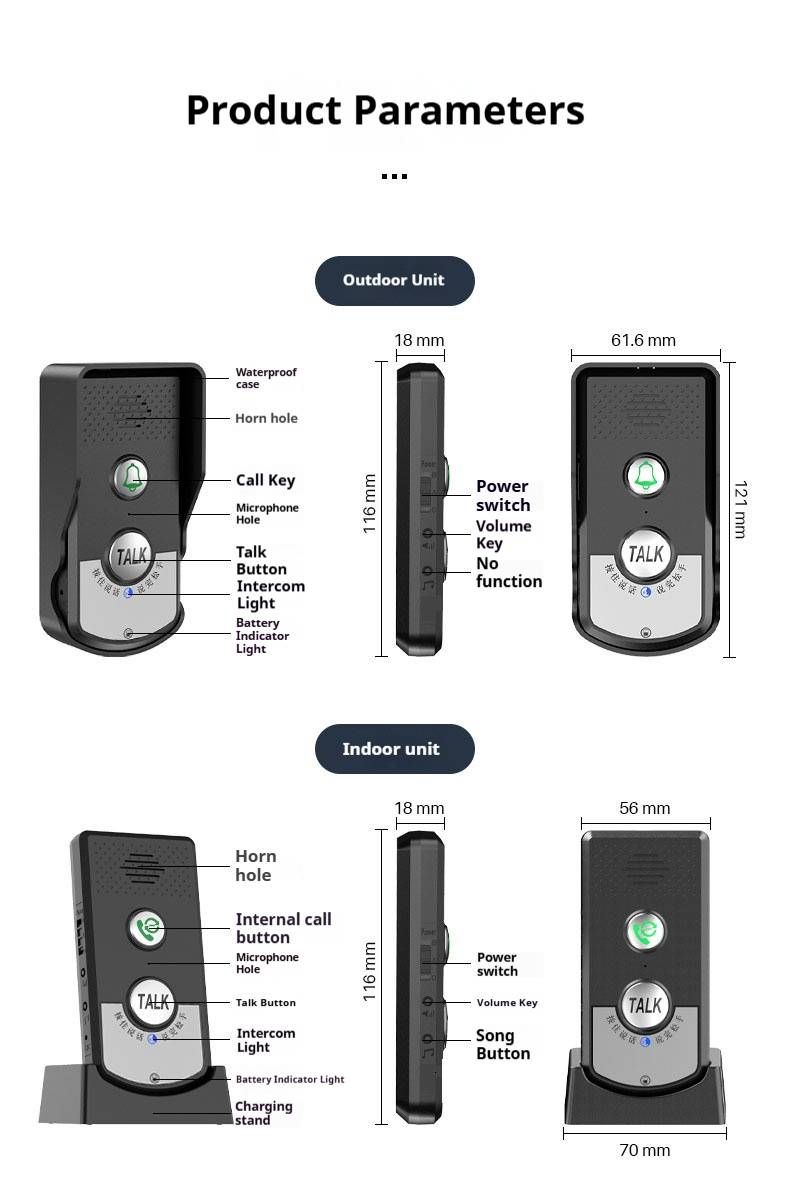 Wireless Intercom Doorbell With 38 Chimes & 8-Floor Range - Rechargeable Battery, 1-to-2 Receiver, Home/Office Security (Black/White)_voghion.com