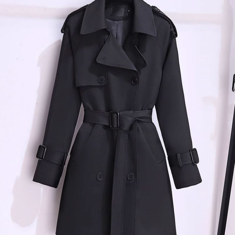 Klassieke trenchcoat voor dames, voor kleine vrouwen - Britse stijl, middellange jas met inkeping in de kraag en knoopdetail (kaki/zwart)_voghion.com