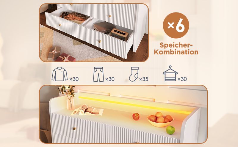Buffet avec éclairage LED et 6 tiroirs, design ondulé moderne pour salon et chambre, 120 x 40 x 75 cm, blanc_voghion.com