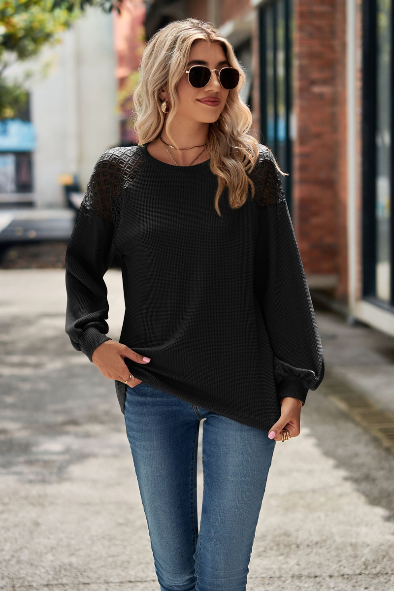 Damkläder Långärmad spetspanel Rundhalsad Lös T-shirt Toppar_voghion.com