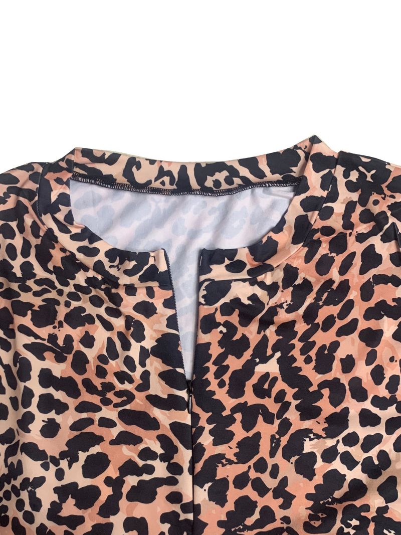 2024 Women's Leopard Pattern Sexy Tight Finger Top Long Sleeve Zipper Bottom Jumpsuit_voghion.com