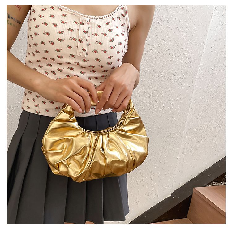 Women's bags new style shiny metal PU cloud bag fashionable pleated design handbag ladies handbag_voghion.com