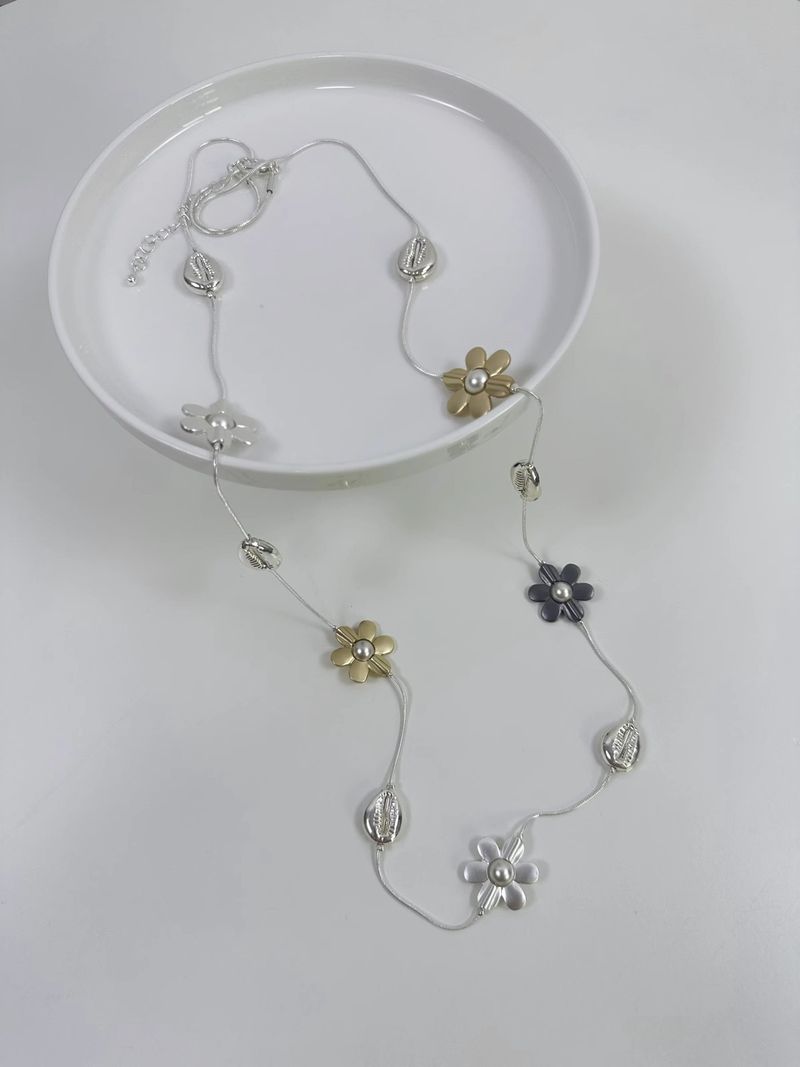 Trendy Metall Blume Farbe-Block Lange Halskette Für Frauen Ins High-End Nische Layered Pullover Taille Kette Mode_voghion.com