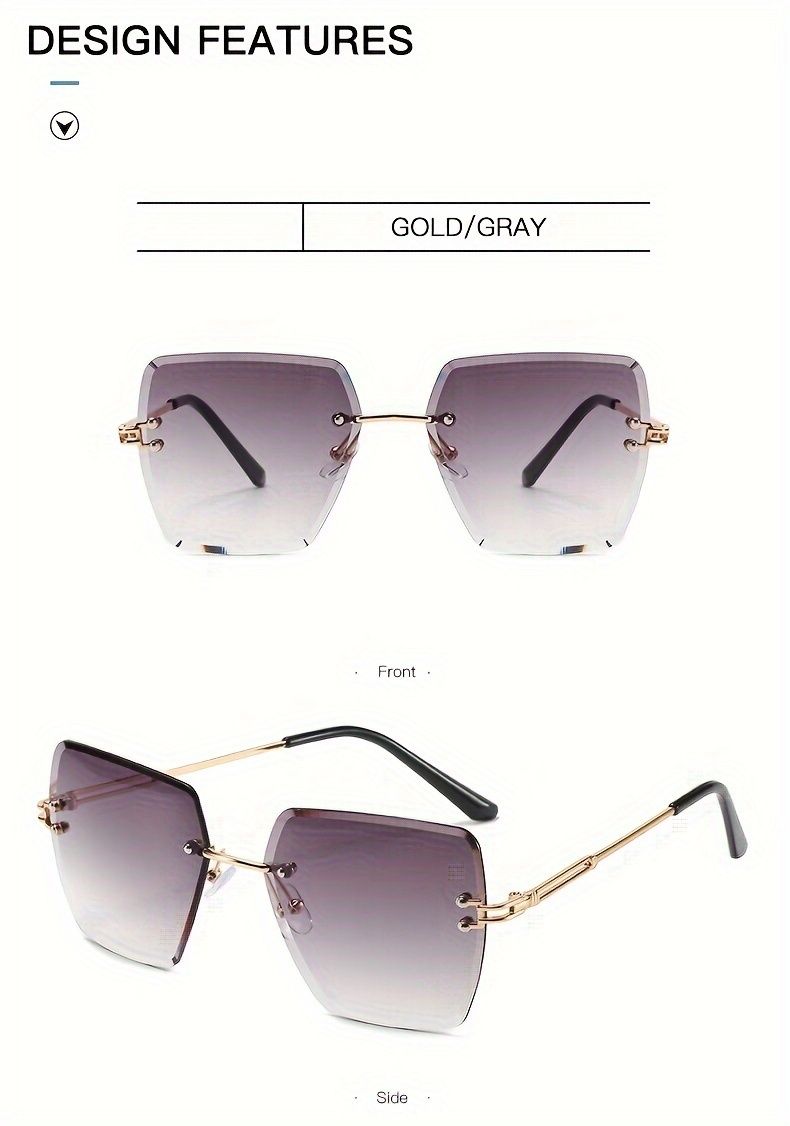 Large rimless women gradient lenses, fashionable sungla with hollowed temples for holidays, beach party, fashion_voghion.com