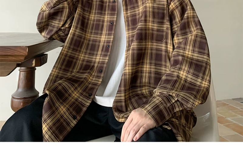 Vintage-Karohemd – Übergroßes Langarm-Leinengemisch, atmungsaktiv und knitterfrei, minimalistisches Freizeitoberteil (M-5XL, Herbst-Essential)_voghion.com