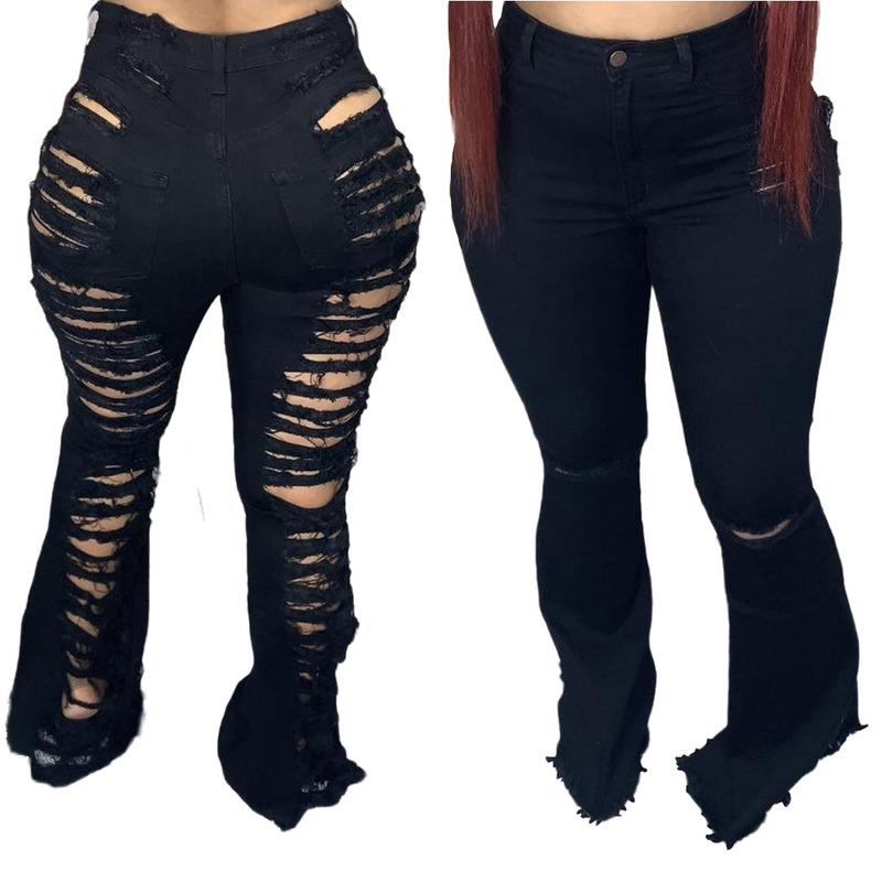 Roupas femininas tendência da moda personalidade rasgada calças largas elásticas_voghion.com