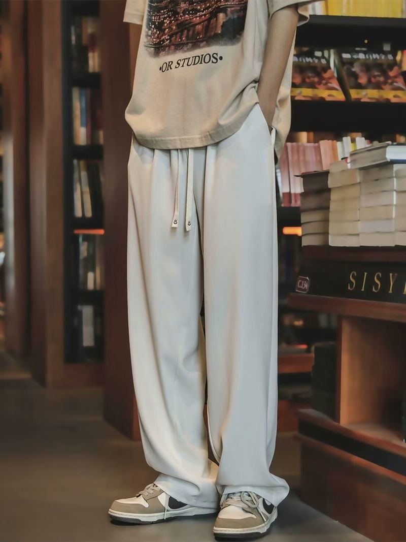 2024 New Khaki Ice Silk Spring And Autumn Suit Loose Straight Leg Casual Pants, Men's Style_voghion.com