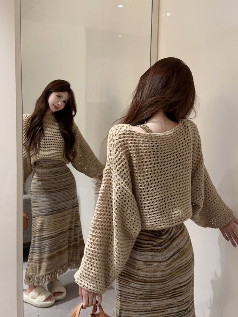 Sanfte, faule Netzbluse im Herbst-High-End-Stil, mit Riemen und Quaste, langes Kleid, Cardigan-Set_voghion.com