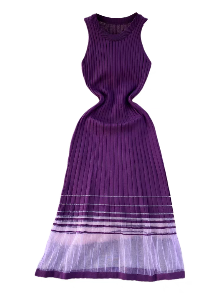 Damenbekleidung 2024 Sommer High-End-Promi-Temperament Rundhalsausschnitt Taille Abnehmen A-Linie Mesh Spleißen Gestricktes Weste Kleid_voghion.com