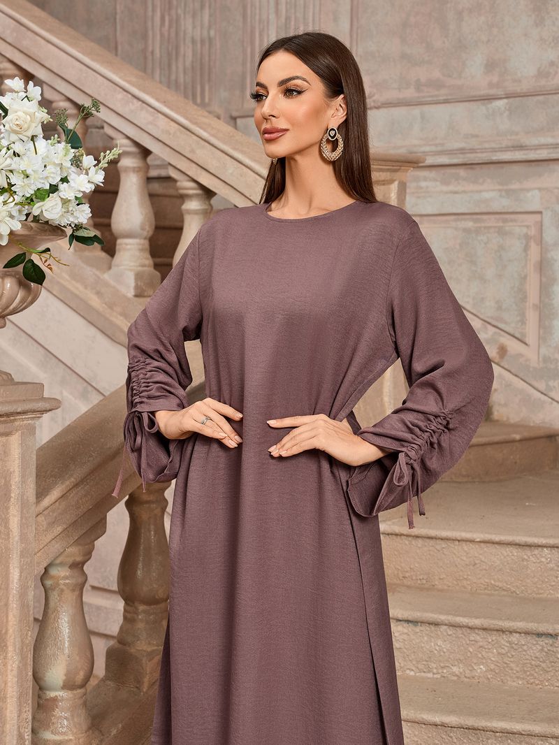 Abito lungo elegante alla moda da donna, in tessuto di poliestere, con cintura, lunghezza midi, maniche lunghe e regolari._voghion.com