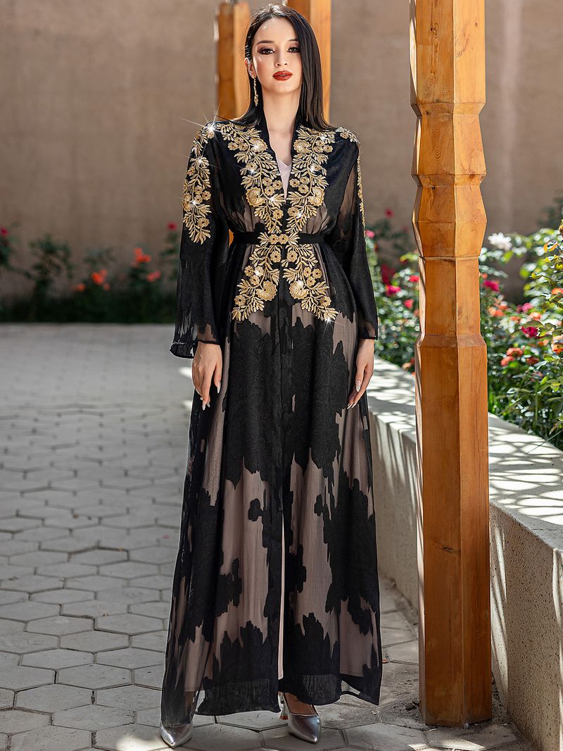 Black & Gold Embroidered Two-Piece Abaya Set With Belt - Elegant Lace Islamic Robe_voghion.com
