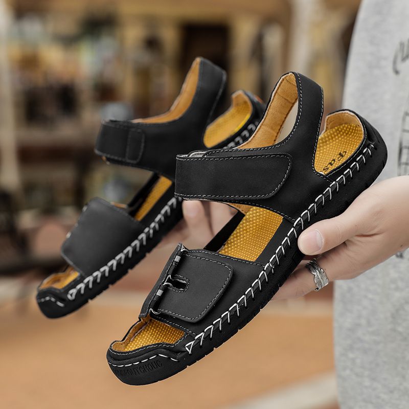 Lässige leichte Outdoor-Wanderschuhe Große handgefertigte Lederschuhe Herrensandalen_voghion.com