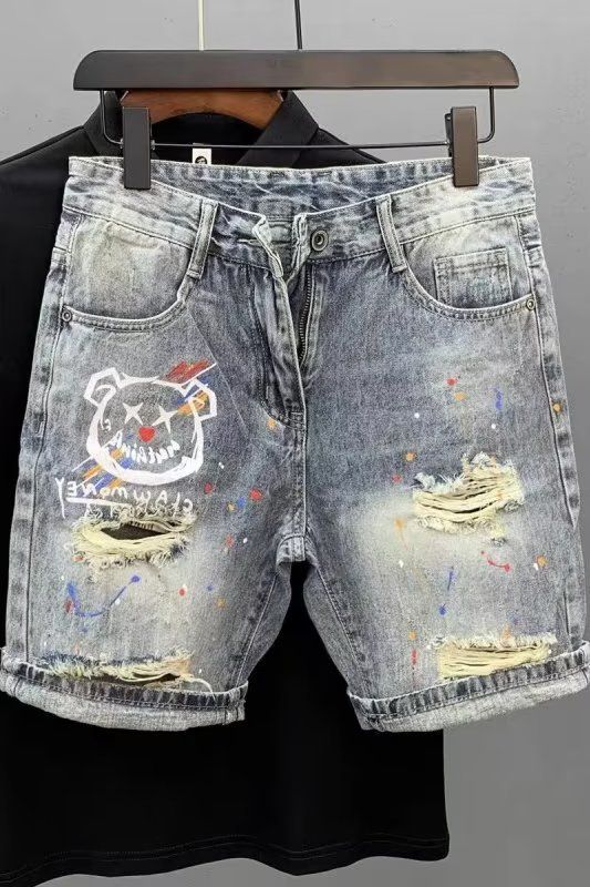 Herrenbekleidung Sommer Dünne Mode Ripped Patch Denim Shorts Herren Trendy Marke All Match Cat Whisker Distressed Beggar Five Point Pants_voghion.com