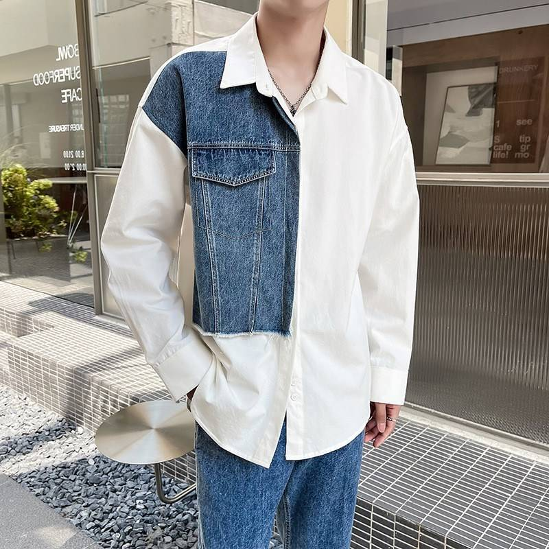 Herrenbekleidung Frühling und Herbst Neues Langarmhemd Lässiges lockeres kleines Design Kontrastfarbe Splicing Jeanshemd_voghion.com
