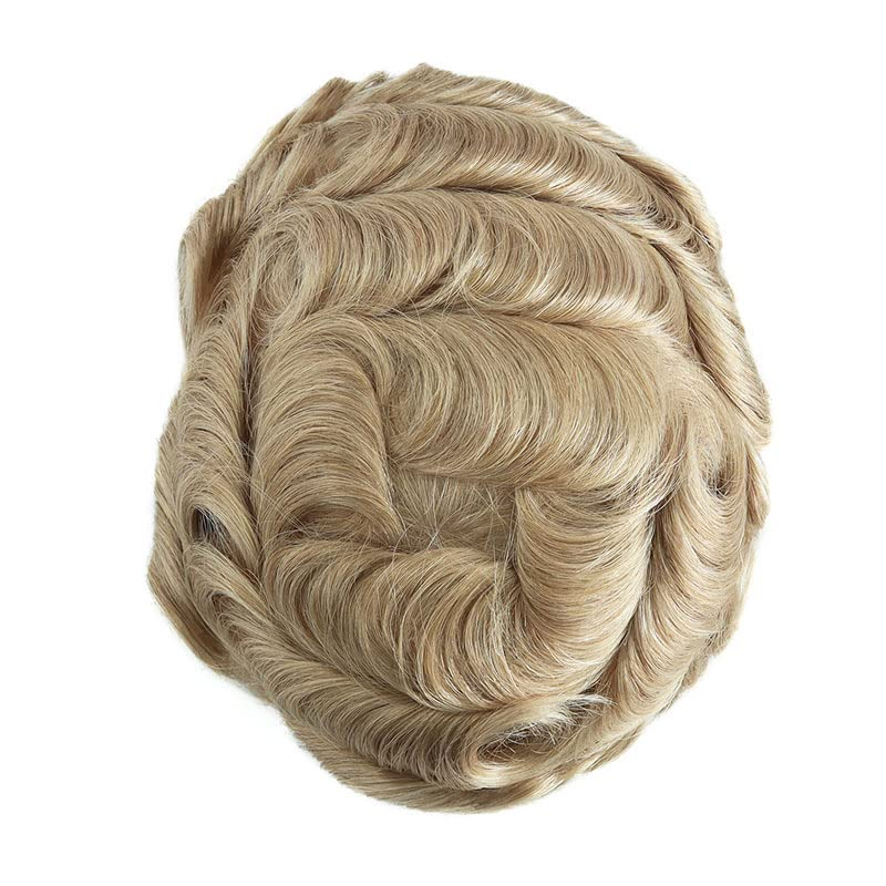 Französisches Spitzen-Toupet für Männer, 100 % Echthaar-Ersatzsystem, natürlicher Haaransatz, Haarteile, echte Herrenperücke, hellblond, Farbe #22R_voghion.com