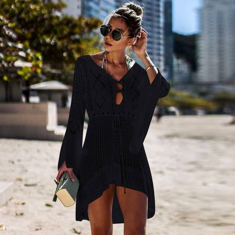 Jupe de plage en maille creuse pour femme avec manches trompette - Maillot de bain bikini sexy pour une protection solaire et un style stylé_voghion.com