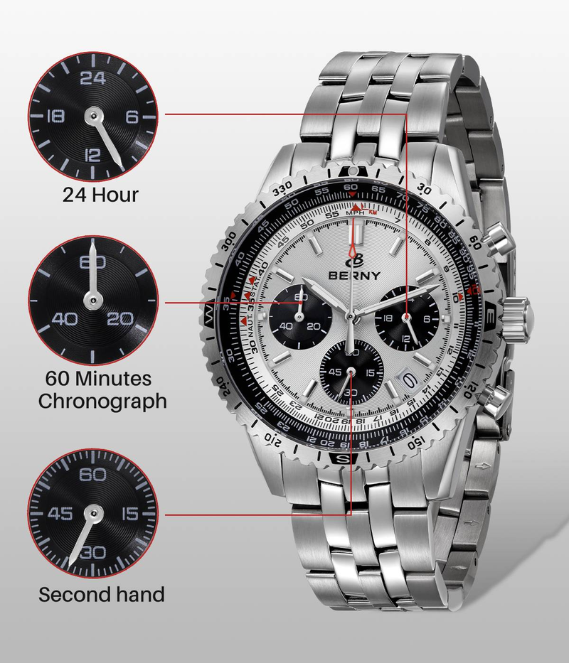 BERNY Silver Chronograph Watches For Men Multifunction Quartz Watch With Tachymeter Date Stainless Steel Waterproof Luminous Sapphire Wristwatch_voghion.com