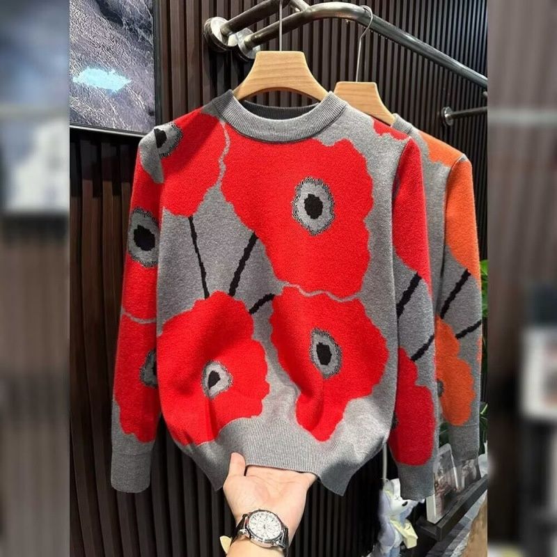Koreaanse contrastgebreide trui voor heren – dikke chenillestof, kreukvrij en modieus, streetwear-statement in de kleur rood (M-3XL)_voghion.com