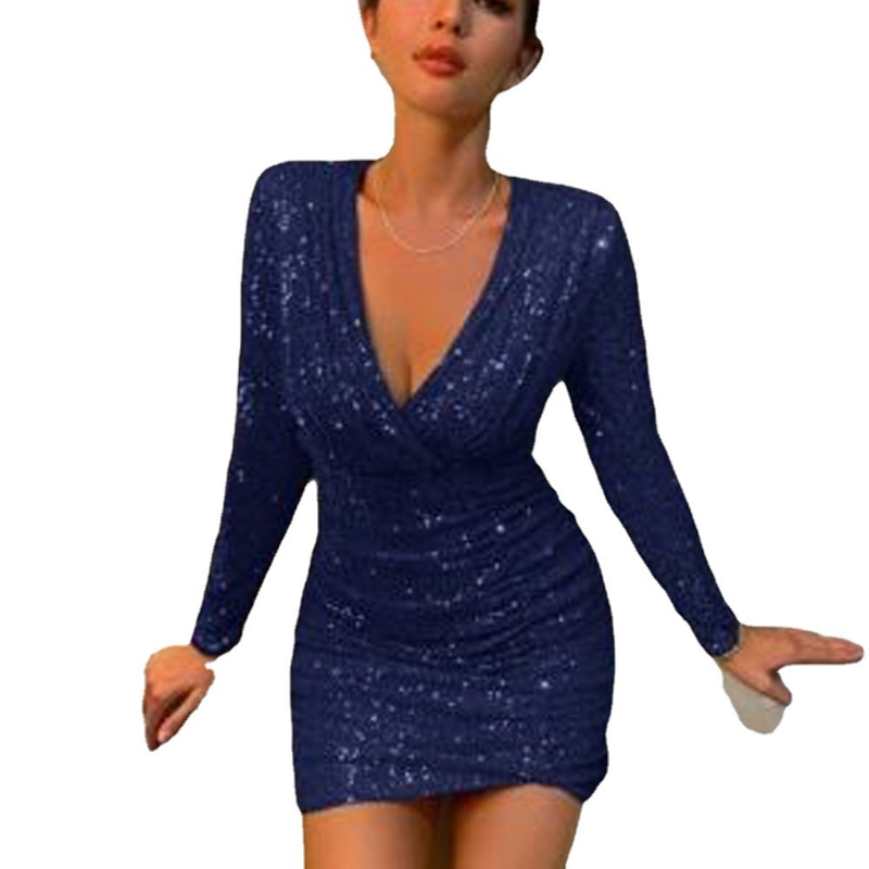 Verve 2025 Autunno Inverno Nuovo Sexy Vestito aderente corto con scollo a V e paillettes per le donne_voghion.com