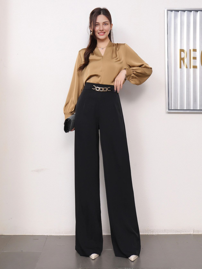 Women's solid color vertical fashion wide leg pants long dress pants suit pants_voghion.com