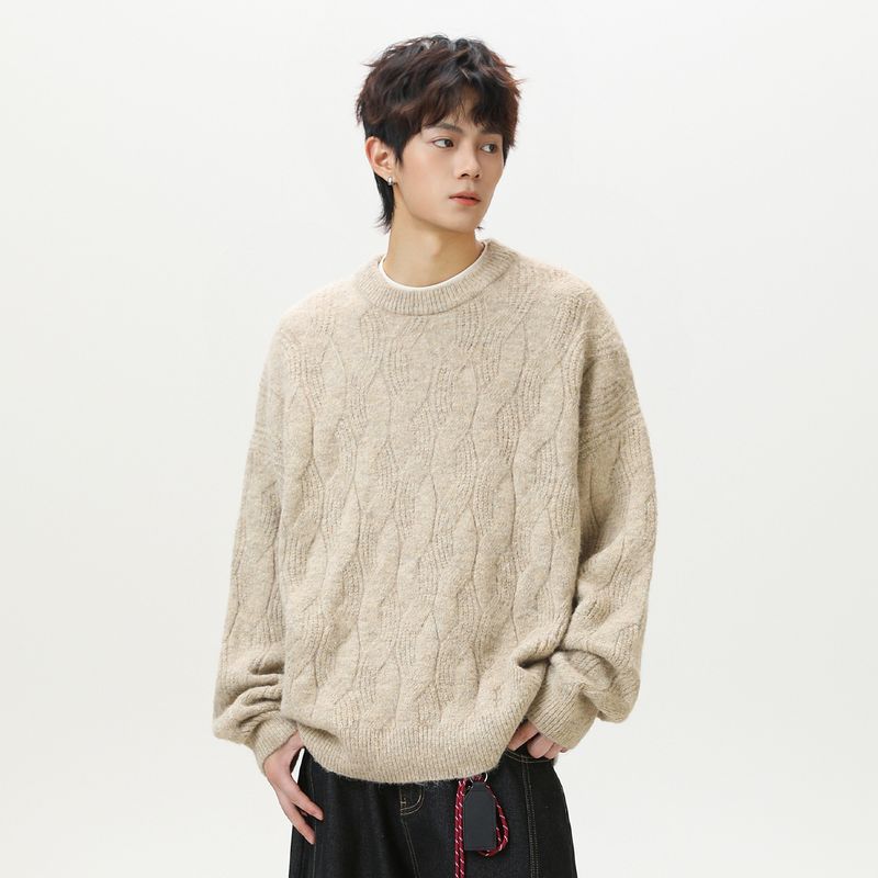 Schwerer, verdickter Mohair-Pullover mit Rundhalsausschnitt, gedrehter, strukturierter Strickpullover für Herren, Vintage-Lockerjacke_voghion.com