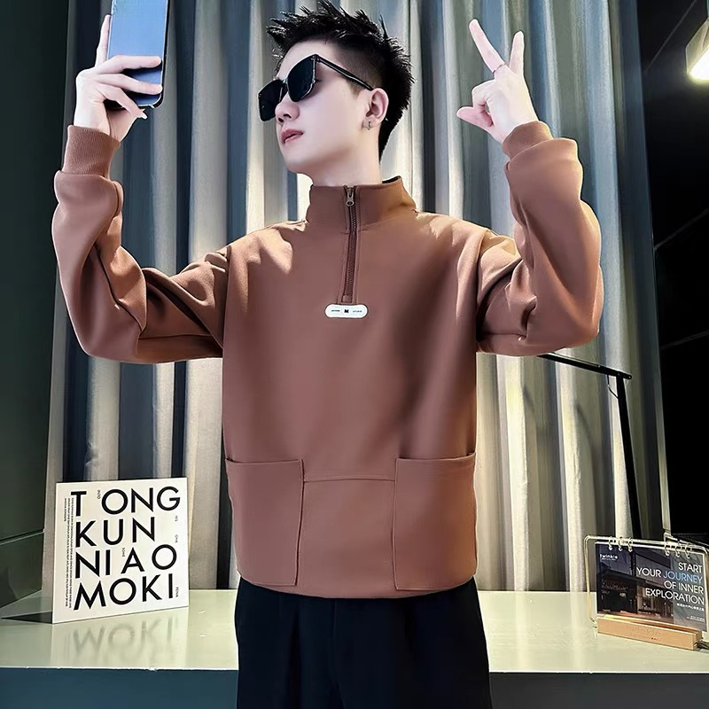 Handsome standing collar hoodie for men, spring and autumn winter styles, new half zipper top, men's inner layer bottom shirt_voghion.com