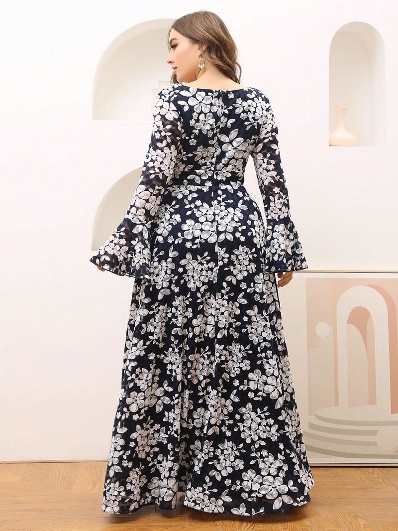 Elegantes Maxikleid mit langen Ärmeln und Blumenmuster für Damen – Abendkleid in Übergröße mit V-Ausschnitt und A-Linie und Glockenärmeln, perfekt für Partys und besondere Anlässe_voghion.com
