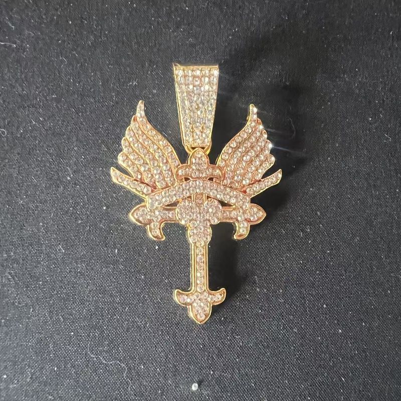 Hot Selling 14K Cuban With Diamond Cross And Wings Hip Hop Big Gold Chain_voghion.com