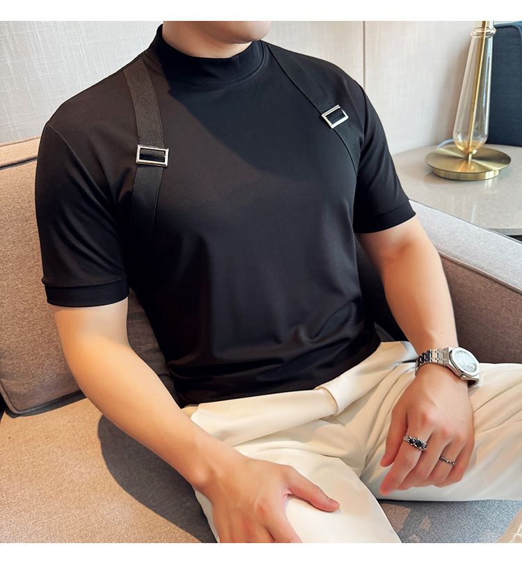 Good Things Recommend Summer Thin T-shirt Fashion Strap Design Splicing Round Neck Short-sleeved T-shirt Men's Webbing Decorative T-shirt_voghion.com