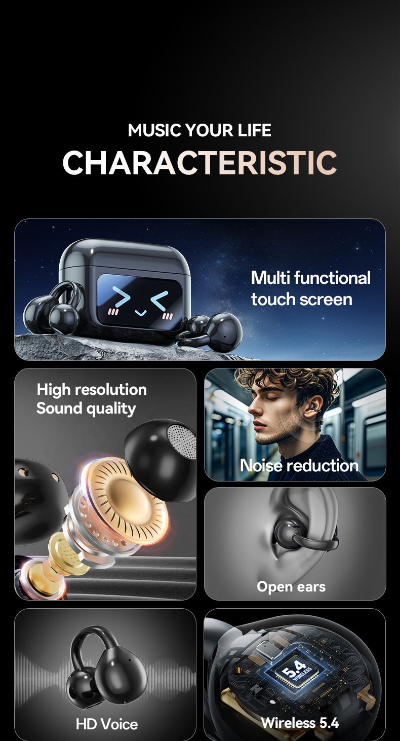 Auricolari a conduzione ossea senza fili Bluetooth con clip auricolare, buona qualità del suono, in-ear con controllo touch sullo schermo_voghion.com