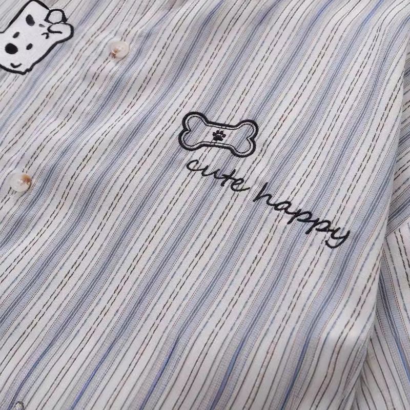 Fun Dog Embroidered Striped Short For Men And Women Street Trendy Loose Couple Half Sleeve Shirt_voghion.com