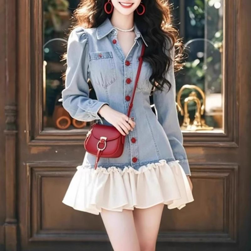 Abito in denim con cuciture in stile francese per donna, primavera 2025, con vita stretta e pantaloncini snellenti_voghion.com