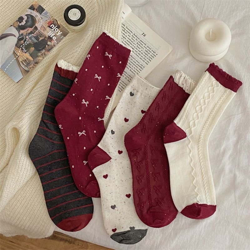 Women's Berry Red Knit Socks With Bow And Checkered Pattern, Medium Cuff, Breathable Cotton, All-Season Wear Polka Dot Stacked Socks_voghion.com