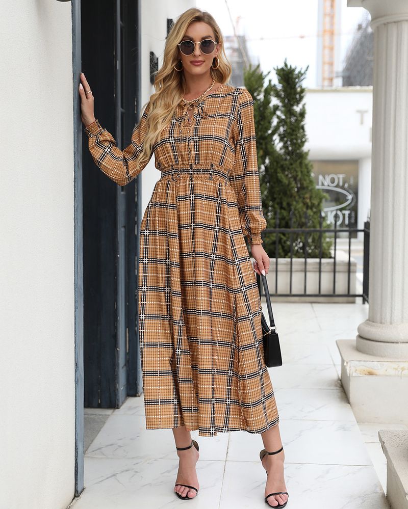 Autumn/Winter Women's Checkered Waist Split Mid Length Long Sleeved Dress_voghion.com