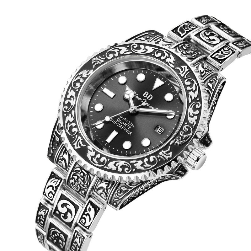 Relógio masculino clássico preto com design gravado intrincado, superluminoso, resistente à água, movimento de quartzo, pulseira de aço inoxidável_voghion.com