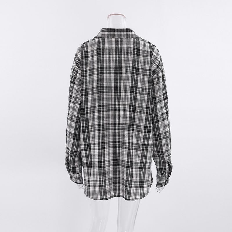 Chemise à carreaux noirs et blancs pour femme, style américain mi-long, coupe ample, idéale à superposer._voghion.com
