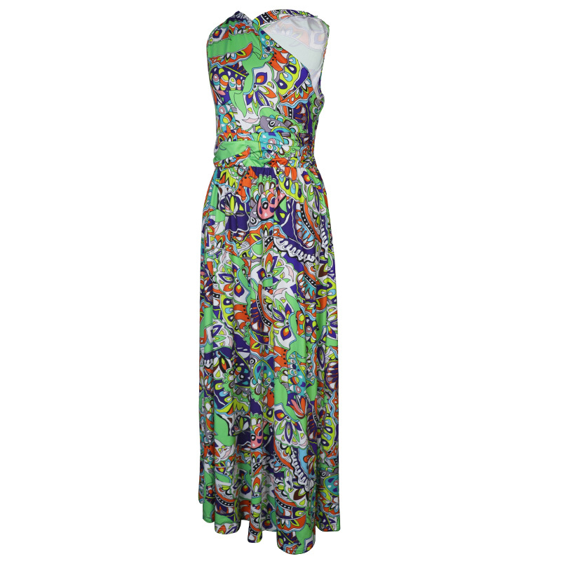 Damenbekleidung, bedrucktes Bohemian-Langkleid mit One-Shoulder-Ärmeln_voghion.com